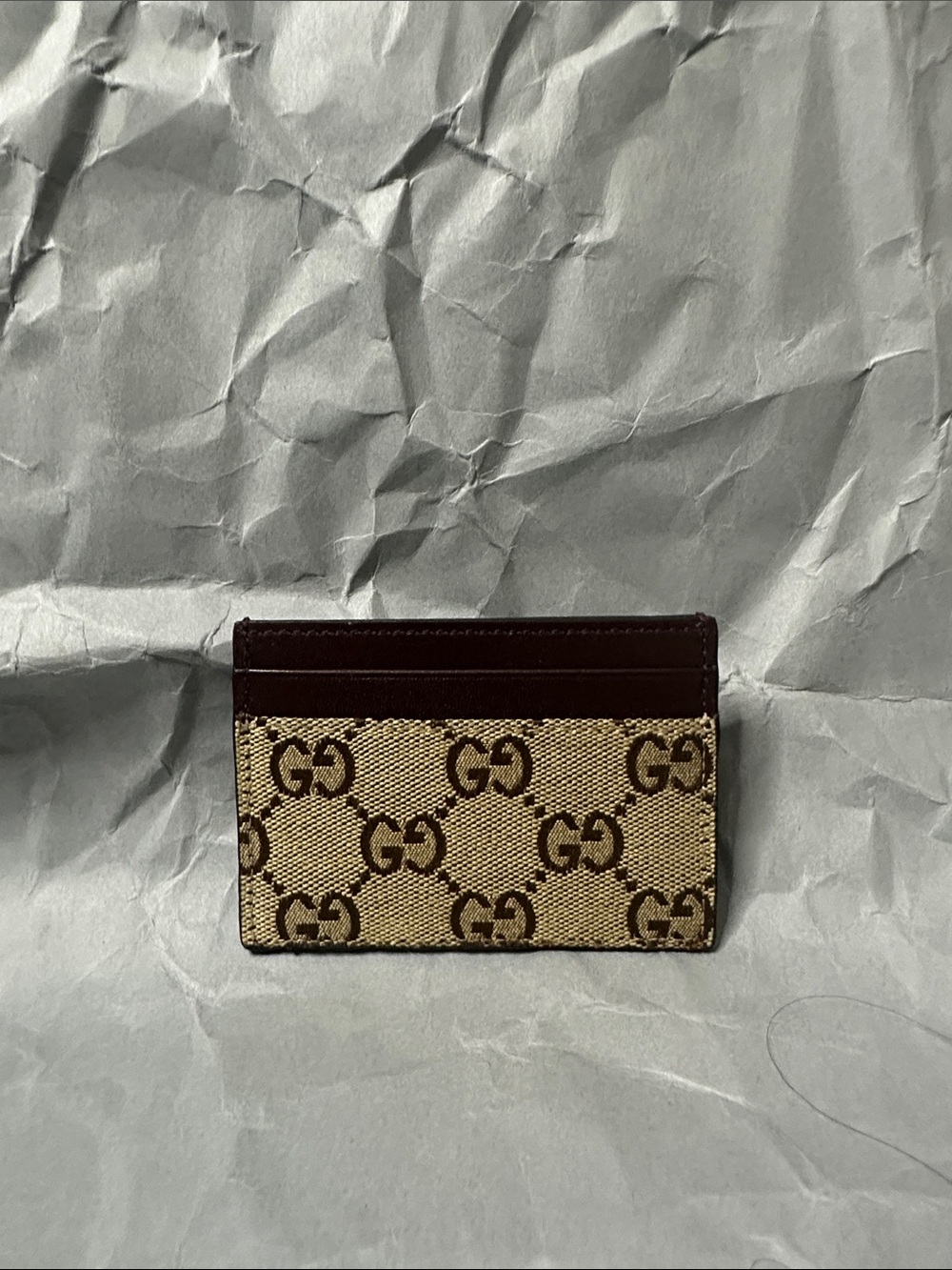 Authentic Gucci Beige GG Canvas Card Holder with Dark Brown Leather Trim